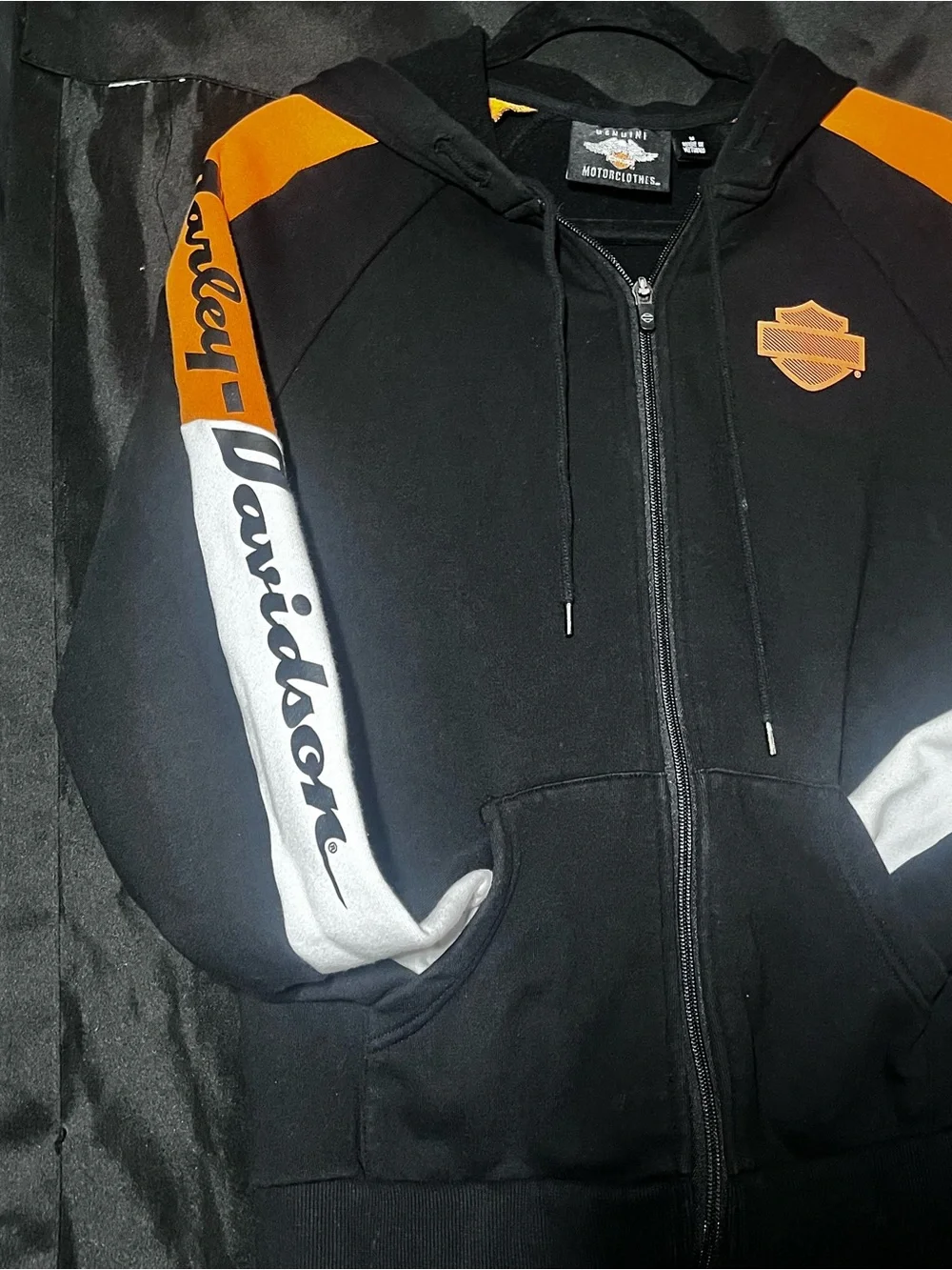 Harley-Davidson Black Zip Hoodie with Orange & White Accents